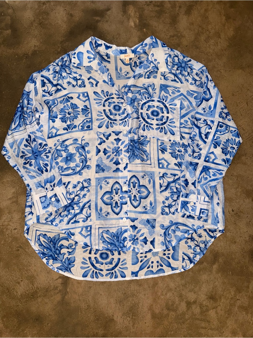 Peach M Blue White Mediterranean Tile Print Oversized Button Down Shirt